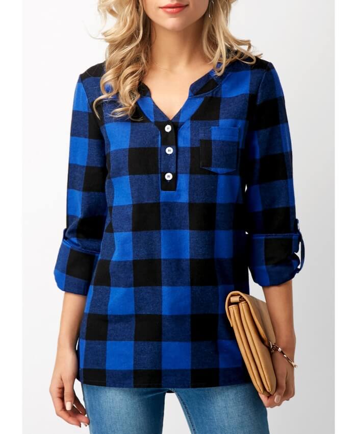 Roll Tab Sleeve Split Neck Plaid Blue Blouse